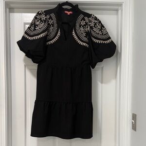 THML Black Mini Dress with Cream Embroidered Puff Sleeves
